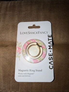 LoveShackFancy Floral Gold Magnetic Phone Ring Stand — Pink Rose Accent